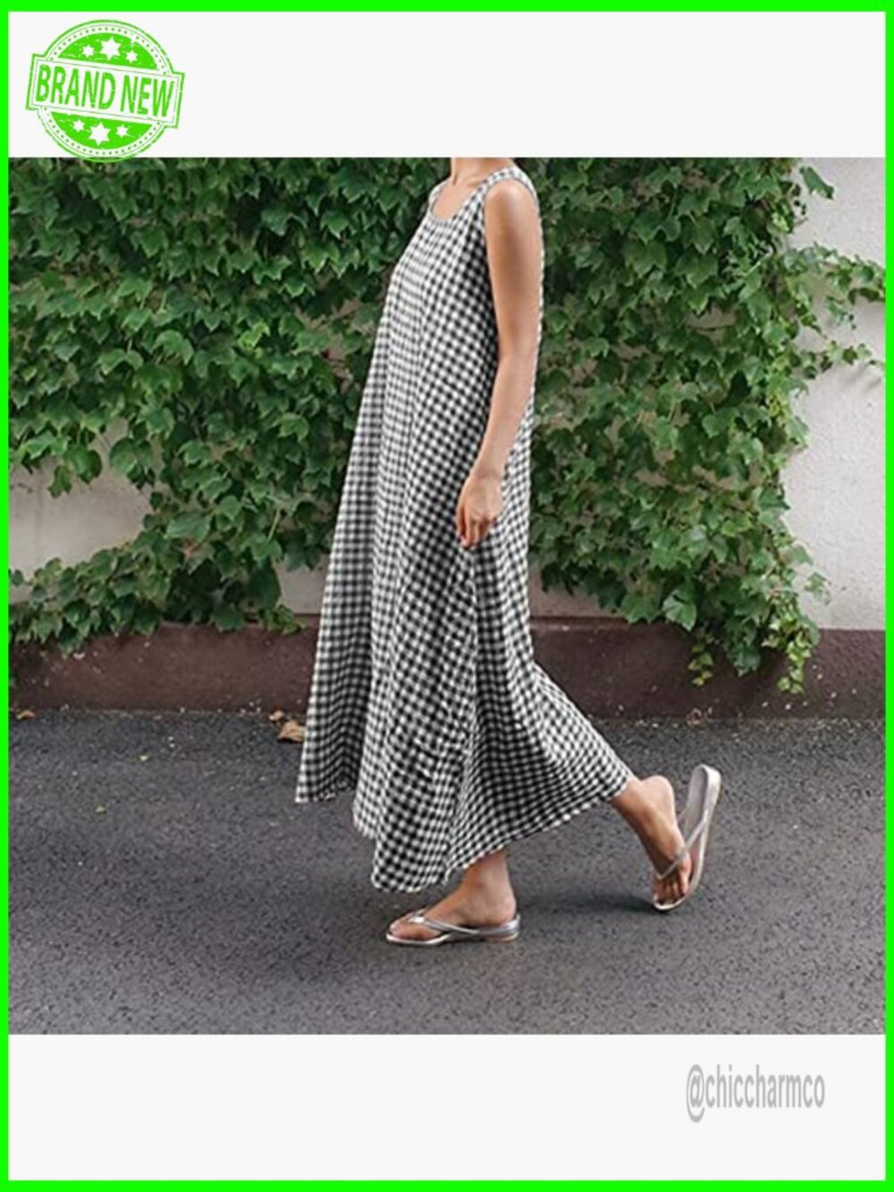 Cotton Plaid Tank Maxi Dress with Pockets Loose Fit - Picture 4 of 5